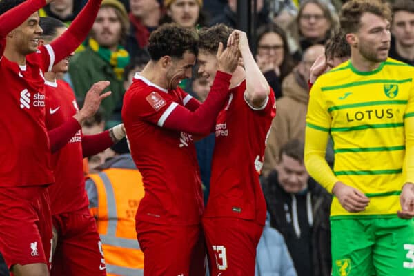 LIVERPOOL, ENGLAND - Sunday, January 28, 2024: Liverpool's Curtis Jones celebrates with James McConnell (R) after scoring the first goal during the FA Cup 4th Round match between Liverpool FC and Norwich City FC at Anfield. (Photo by David Rawcliffe/Propaganda)