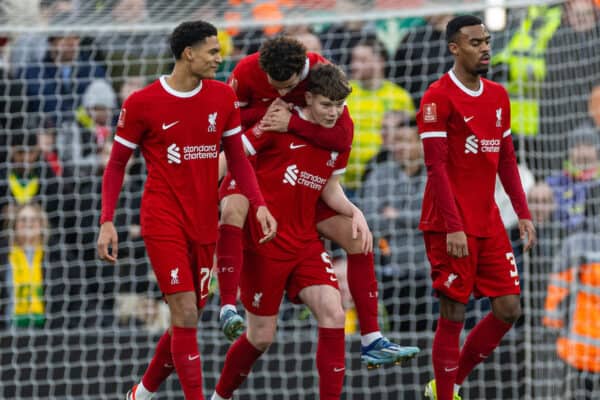 LIVERPOOL, ENGLAND - Sunday, January 28, 2024: Liverpool's Curtis Jones celebrates after scoring the first goal during the FA Cup 4th Round match between Liverpool FC and Norwich City FC at Anfield. (Photo by David Rawcliffe/Propaganda)