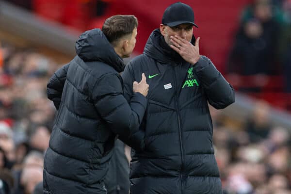 LIVERPOOL, ENGLAND - Sunday, January 28, 2024: Liverpool's manager Jürgen Klopp (R) and first-team development coach Pepijn Lijnders during the FA Cup 4th Round match between Liverpool FC and Norwich City FC at Anfield. (Photo by David Rawcliffe/Propaganda)