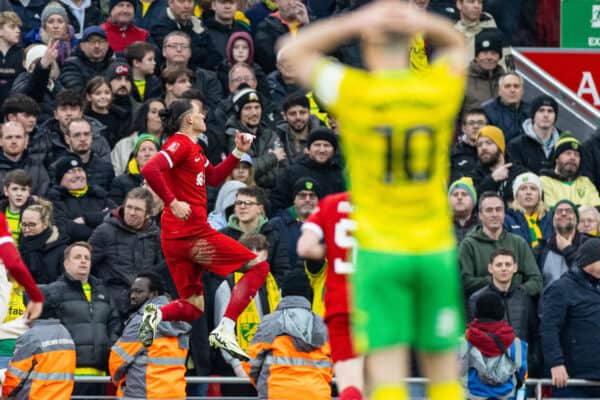 LIVERPOOL, ENGLAND - Sunday, January 28, 2024: Liverpool's Darwin Núñez celebrates after scoring the second goal during the FA Cup 4th Round match between Liverpool FC and Norwich City FC at Anfield. (Photo by David Rawcliffe/Propaganda)