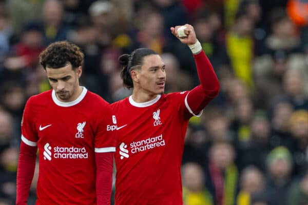 LIVERPOOL, ENGLAND - Sunday, January 28, 2024: Liverpool's Darwin Núñez celebrates after scoring the second goal during the FA Cup 4th Round match between Liverpool FC and Norwich City FC at Anfield. (Photo by David Rawcliffe/Propaganda)