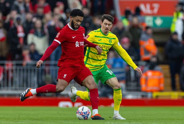 LIVERPOOL, ENGLAND - Sunday, January 28, 2024: Liverpool's Joe Gomez during the FA Cup 4th Round match between Liverpool FC and Norwich City FC at Anfield. (Photo by David Rawcliffe/Propaganda)