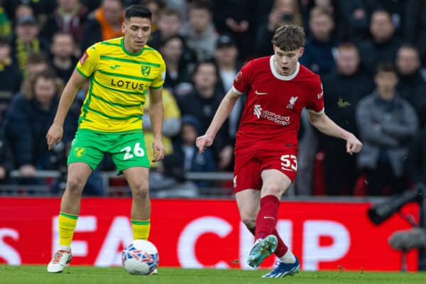 LIVERPOOL, ENGLAND - Sunday, January 28, 2024: Liverpool's James McConnell (R) during the FA Cup 4th Round match between Liverpool FC and Norwich City FC at Anfield. (Photo by David Rawcliffe/Propaganda)