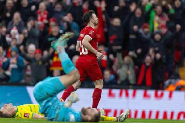 LIVERPOOL, ENGLAND - Sunday, January 28, 2024: Liverpool's Diogo Jota celebrates after scoring the third goal during the FA Cup 4th Round match between Liverpool FC and Norwich City FC at Anfield. (Photo by David Rawcliffe/Propaganda)