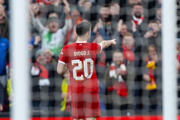 LIVERPOOL, ENGLAND - Sunday, January 28, 2024: Liverpool's Diogo Jota celebrates after scoring the third goal during the FA Cup 4th Round match between Liverpool FC and Norwich City FC at Anfield. (Photo by David Rawcliffe/Propaganda)