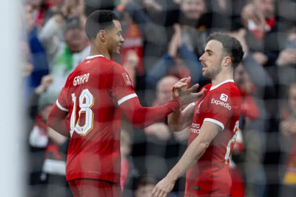 LIVERPOOL, ENGLAND - Sunday, January 28, 2024: Liverpool's Diogo Jota (R) celebrates after scoring the third goal during the FA Cup 4th Round match between Liverpool FC and Norwich City FC at Anfield. (Photo by David Rawcliffe/Propaganda)