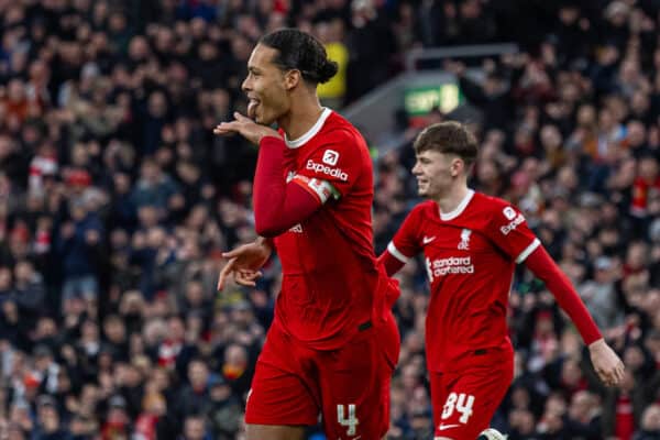 LIVERPOOL, ENGLAND - Sunday, January 28, 2024: Liverpool's captain Virgil van Dijk celebrates after scoring the fourth goal during the FA Cup 4th Round match between Liverpool FC and Norwich City FC at Anfield. (Photo by David Rawcliffe/Propaganda)