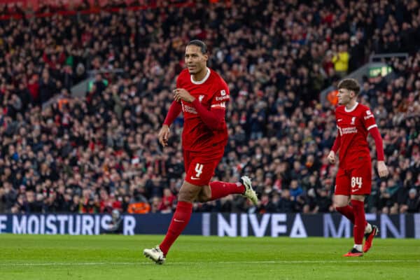 LIVERPOOL, ENGLAND - Sunday, January 28, 2024: Liverpool's captain Virgil van Dijk celebrates after scoring the fourth goal during the FA Cup 4th Round match between Liverpool FC and Norwich City FC at Anfield. (Photo by David Rawcliffe/Propaganda)