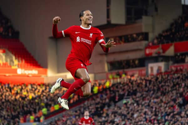 LIVERPOOL, ENGLAND - Sunday, January 28, 2024: Liverpool's captain Virgil van Dijk celebrates after scoring the fourth goal during the FA Cup 4th Round match between Liverpool FC and Norwich City FC at Anfield. (Photo by David Rawcliffe/Propaganda)
