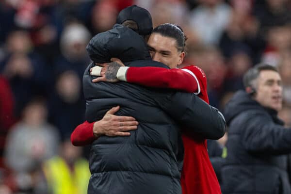 LIVERPOOL, ENGLAND - Sunday, January 28, 2024: Liverpool's Darwin Núñez gets a bear hug from manager Jürgen Klopp during the FA Cup 4th Round match between Liverpool FC and Norwich City FC at Anfield. (Photo by David Rawcliffe/Propaganda)