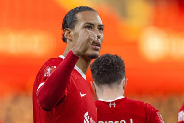 LIVERPOOL, ENGLAND - Sunday, January 28, 2024: Liverpool's captain Virgil van Dijk celebrates after scoring the fourth goal during the FA Cup 4th Round match between Liverpool FC and Norwich City FC at Anfield. (Photo by David Rawcliffe/Propaganda)