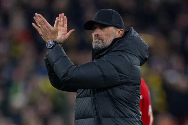 LIVERPOOL, ENGLAND - Sunday, January 28, 2024: Liverpool's manager Jürgen Klopp applauds the supporters after the FA Cup 4th Round match between Liverpool FC and Norwich City FC at Anfield. (Photo by David Rawcliffe/Propaganda)