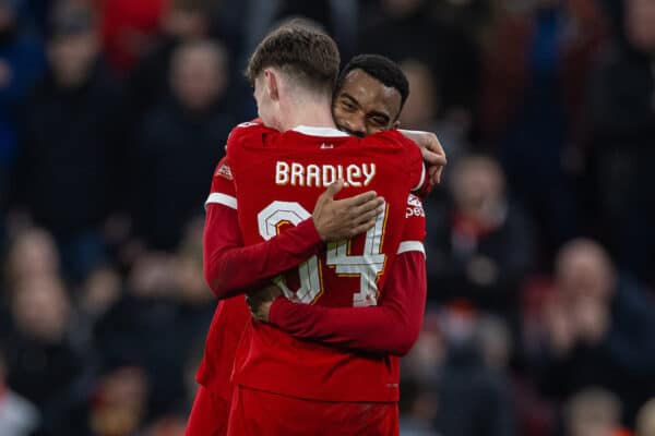 LIVERPOOL, ENGLAND - Sunday, January 28, 2024: Liverpool's Ryan Gravenberch (R) celebrates with team-mate Conor Bradley after scoring the fifth goal during the FA Cup 4th Round match between Liverpool FC and Norwich City FC at Anfield. (Photo by David Rawcliffe/Propaganda)