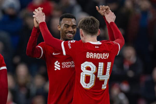 LIVERPOOL, ENGLAND - Sunday, January 28, 2024: Liverpool's Ryan Gravenberch (L) celebrates with team-mate Conor Bradley after scoring the fifth goal during the FA Cup 4th Round match between Liverpool FC and Norwich City FC at Anfield. (Photo by David Rawcliffe/Propaganda)