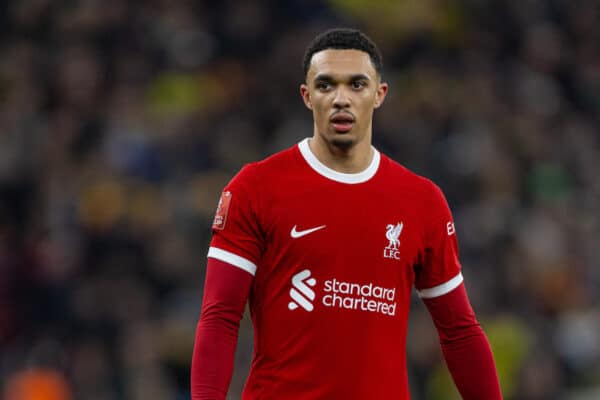 LIVERPOOL, ENGLAND - Sunday, January 28, 2024: Liverpool's Trent Alexander-Arnold during the FA Cup 4th Round match between Liverpool FC and Norwich City FC at Anfield. (Photo by David Rawcliffe/Propaganda)