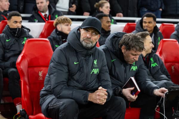 LIVERPOOL, ENGLAND - Wednesday, January 31, 2024: Liverpool's manager Jürgen Klopp during the FA Premier League match between Liverpool FC and Chelsea FC at Anfield. (Photo by David Rawcliffe/Propaganda)