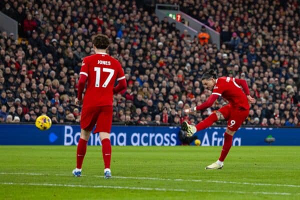 LIVERPOOL, ENGLAND - Wednesday, January 31, 2024: Liverpool's Darwin Núñez shoots during the FA Premier League match between Liverpool FC and Chelsea FC at Anfield. (Photo by David Rawcliffe/Propaganda)