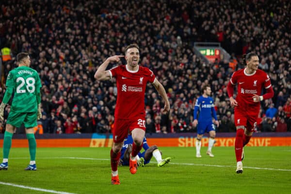 LIVERPOOL, ENGLAND - Wednesday, January 31, 2024: Liverpool's Diogo Jota celebrates after scoring the opening goal during the FA Premier League match between Liverpool FC and Chelsea FC at Anfield. (Photo by David Rawcliffe/Propaganda)