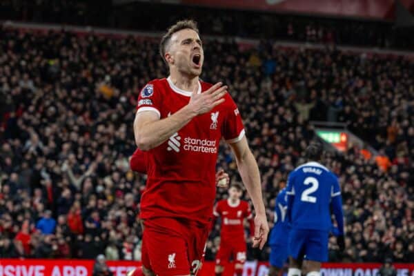 LIVERPOOL, ENGLAND - Wednesday, January 31, 2024: Liverpool's Diogo Jota celebrates after scoring the opening goal during the FA Premier League match between Liverpool FC and Chelsea FC at Anfield. (Photo by David Rawcliffe/Propaganda)