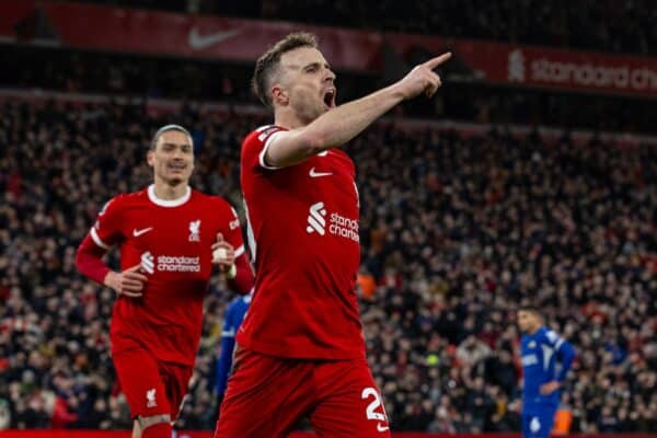 LIVERPOOL, ENGLAND - Wednesday, January 31, 2024: Liverpool's Diogo Jota celebrates after scoring the opening goal during the FA Premier League match between Liverpool FC and Chelsea FC at Anfield. (Photo by David Rawcliffe/Propaganda)