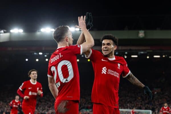 LIVERPOOL, ENGLAND - Wednesday, January 31, 2024: Liverpool's Diogo Jota (L) celebrates with team-mate Luis Díaz after scoring the opening goal during the FA Premier League match between Liverpool FC and Chelsea FC at Anfield. (Photo by David Rawcliffe/Propaganda)