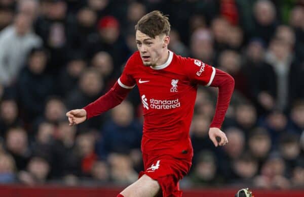 LIVERPOOL, ENGLAND - Wednesday, January 31, 2024: Liverpool's Conor Bradley sprints through to score the second goal during the FA Premier League match between Liverpool FC and Chelsea FC at Anfield. (Photo by David Rawcliffe/Propaganda)