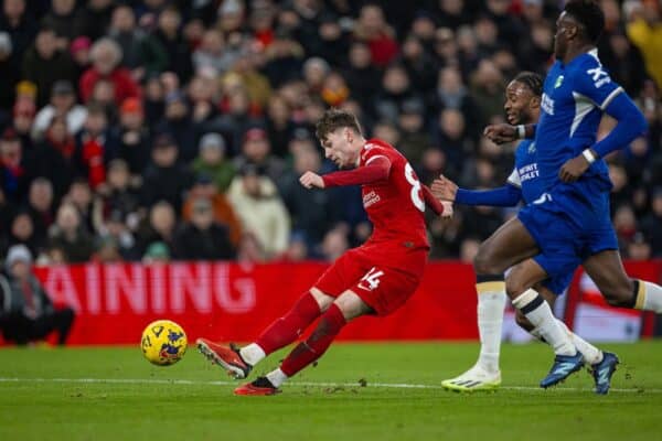 LIVERPOOL, ENGLAND - Wednesday, January 31, 2024: Liverpool's Conor Bradley scores the second goal during the FA Premier League match between Liverpool FC and Chelsea FC at Anfield. (Photo by David Rawcliffe/Propaganda)