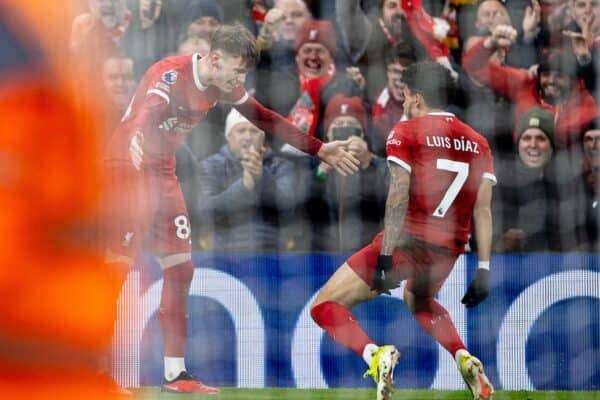 LIVERPOOL, ENGLAND - Wednesday, January 31, 2024: Liverpool's Conor Bradley (L) celebrates after scoring the second goal during the FA Premier League match between Liverpool FC and Chelsea FC at Anfield. (Photo by David Rawcliffe/Propaganda)