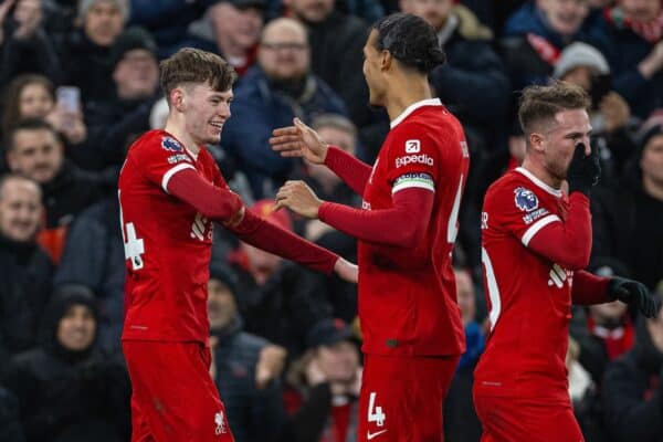 LIVERPOOL, ENGLAND - Wednesday, January 31, 2024: Liverpool's Conor Bradley (L) celebrates after scoring the second goal during the FA Premier League match between Liverpool FC and Chelsea FC at Anfield. (Photo by David Rawcliffe/Propaganda)