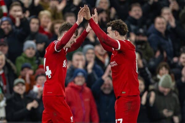 LIVERPOOL, ENGLAND - Wednesday, January 31, 2024: Liverpool's Conor Bradley (L) celebrates after scoring the second goal during the FA Premier League match between Liverpool FC and Chelsea FC at Anfield. (Photo by David Rawcliffe/Propaganda)