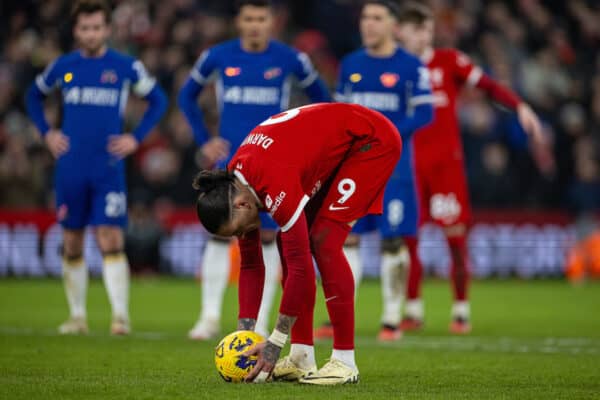 LIVERPOOL, ENGLAND - Wednesday, January 31, 2024: Liverpool's Darwin Núñez prepares to take a penalty kick during the FA Premier League match between Liverpool FC and Chelsea FC at Anfield. (Photo by David Rawcliffe/Propaganda)