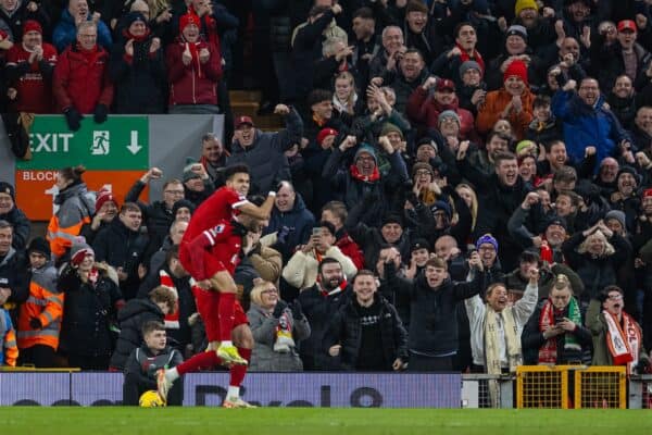 LIVERPOOL, ENGLAND - Wednesday, January 31, 2024: Liverpool's Dominik Szoboszlai celebrates after scoring the third goal during the FA Premier League match between Liverpool FC and Chelsea FC at Anfield. (Photo by David Rawcliffe/Propaganda)