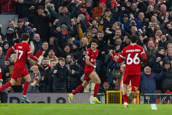 LIVERPOOL, ENGLAND - Wednesday, January 31, 2024: Liverpool's Luis Díaz celebrates after scoring the fourth goal during the FA Premier League match between Liverpool FC and Chelsea FC at Anfield. (Photo by David Rawcliffe/Propaganda)