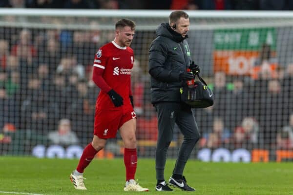 LIVERPOOL, ENGLAND - Wednesday, January 31, 2024: Liverpool's Alexis Mac Allister with an injury during the FA Premier League match between Liverpool FC and Chelsea FC at Anfield. (Photo by David Rawcliffe/Propaganda)