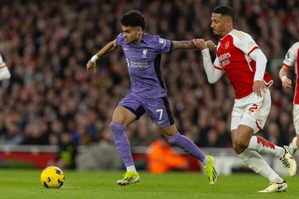 LONDON, ENGLAND - Sunday, February 4, 2024: Liverpool's Luis Díaz during the FA Premier League match between Arsenal FC and Liverpool FC at the Emirates Stadium. (Photo by David Rawcliffe/Propaganda)