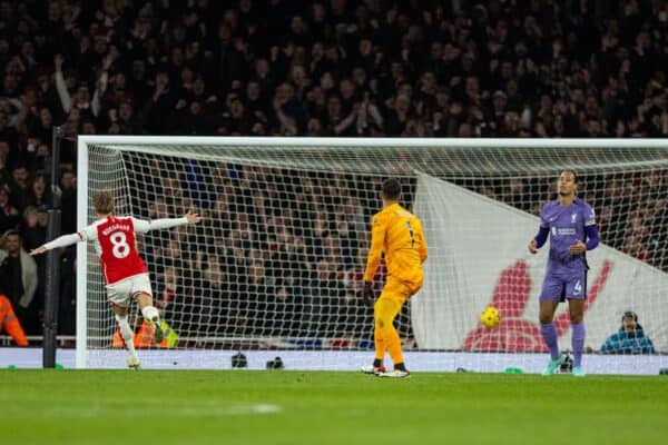 LONDON, ENGLAND - Sunday, February 4, 2024: Liverpool's goalkeeper Alisson Becker and captain Virgil van Dijk react as their mistake leads to Arsenal's second goal during the FA Premier League match between Arsenal FC and Liverpool FC at the Emirates Stadium. (Photo by David Rawcliffe/Propaganda)