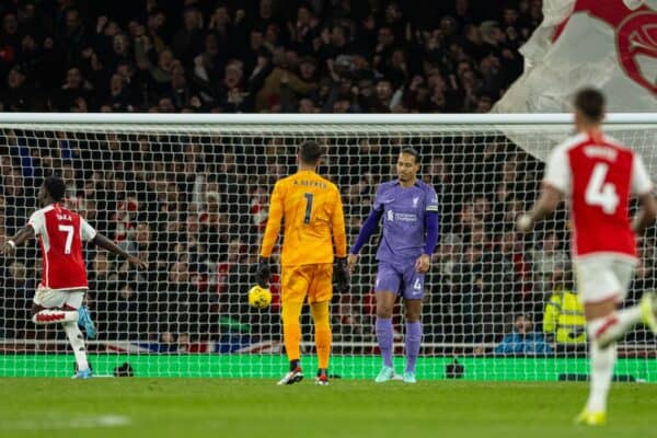 LONDON, ENGLAND - Sunday, February 4, 2024: Liverpool's goalkeeper Alisson Becker and captain Virgil van Dijk react as their mistake leads to Arsenal's second goal during the FA Premier League match between Arsenal FC and Liverpool FC at the Emirates Stadium. (Photo by David Rawcliffe/Propaganda)