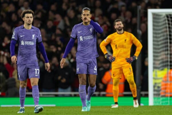 LONDON, ENGLAND - Sunday, February 4, 2024: Liverpool's goalkeeper Alisson Becker and captain Virgil van Dijk react as their mistake leads to Arsenal's second goal during the FA Premier League match between Arsenal FC and Liverpool FC at the Emirates Stadium. (Photo by David Rawcliffe/Propaganda)