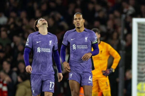 LONDON, ENGLAND - Sunday, February 4, 2024: Liverpool's captain Virgil van Dijk reacts as Arsenal score the second goal during the FA Premier League match between Arsenal FC and Liverpool FC at the Emirates Stadium. (Photo by David Rawcliffe/Propaganda)