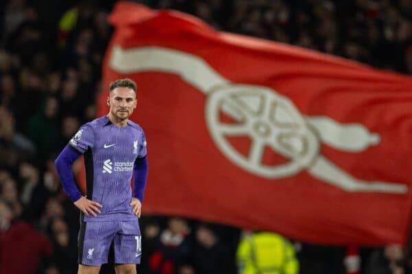 LONDON, ENGLAND - Sunday, February 4, 2024: Liverpool's Alexis Mac Allister looks dejected as Arsenal score the second goal during the FA Premier League match between Arsenal FC and Liverpool FC at the Emirates Stadium. (Photo by David Rawcliffe/Propaganda)