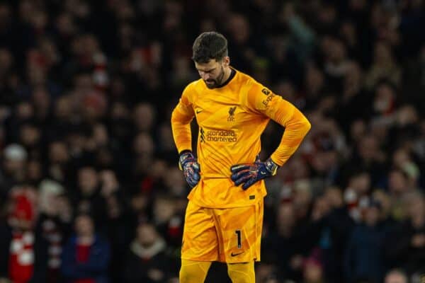 LONDON, ENGLAND - Sunday, February 4, 2024: Liverpool's goalkeeper Alisson Becker looks dejected as his mistake leads to Arsenal's second goal during the FA Premier League match between Arsenal FC and Liverpool FC at the Emirates Stadium. (Photo by David Rawcliffe/Propaganda)