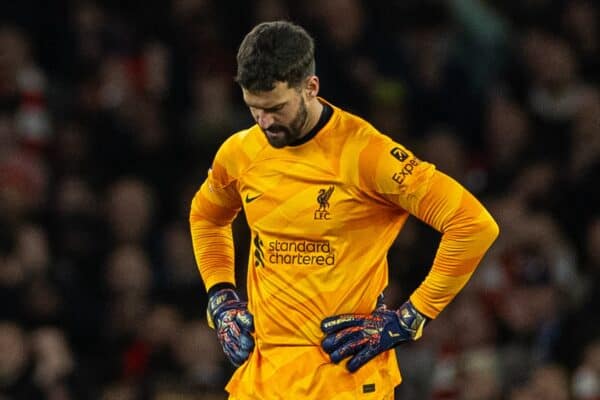 LONDON, ENGLAND - Sunday, February 4, 2024: Liverpool's goalkeeper Alisson Becker looks dejected as his mistake leads to Arsenal's second goal during the FA Premier League match between Arsenal FC and Liverpool FC at the Emirates Stadium. (Photo by David Rawcliffe/Propaganda)