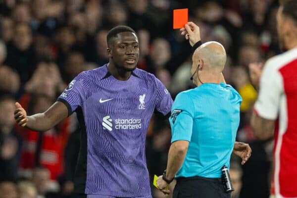 LONDON, ENGLAND - Sunday, February 4, 2024: Liverpool's Ibrahima Konaté reacts to a red card after Arsenal's Arsenal's Kai Havertz deliberately ran into him to get him sent off during the FA Premier League match between Arsenal FC and Liverpool FC at the Emirates Stadium. (Photo by David Rawcliffe/Propaganda)