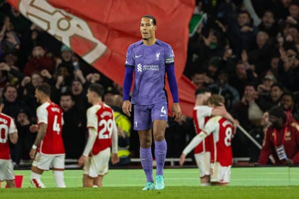 LONDON, ENGLAND - Sunday, February 4, 2024: Liverpool's captain Virgil van Dijk looks dejected as Arsenal celebrate the third goal during the FA Premier League match between Arsenal FC and Liverpool FC at the Emirates Stadium. (Photo by David Rawcliffe/Propaganda)