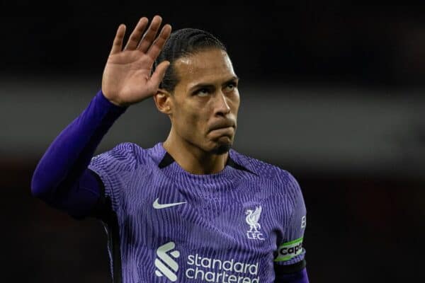 LONDON, ENGLAND - Sunday, February 4, 2024: Liverpool's captain Virgil van Dijk looks dejected after the FA Premier League match between Arsenal FC and Liverpool FC at the Emirates Stadium. (Photo by David Rawcliffe/Propaganda)