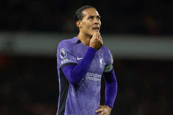 LONDON, ENGLAND - Sunday, February 4, 2024: Liverpool's captain Virgil van Dijk looks dejected after the FA Premier League match between Arsenal FC and Liverpool FC at the Emirates Stadium. (Photo by David Rawcliffe/Propaganda)