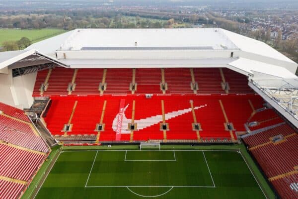 LIVERPOOL, ENGLAND - Saturday, February 10, 2024: Liverpool's An aerial view of Anfield Stadium, home of Liverpool Football Club, seen before the FA Premier League match between Liverpool FC and Burnley FC. (Photo by David Rawcliffe/Propaganda)