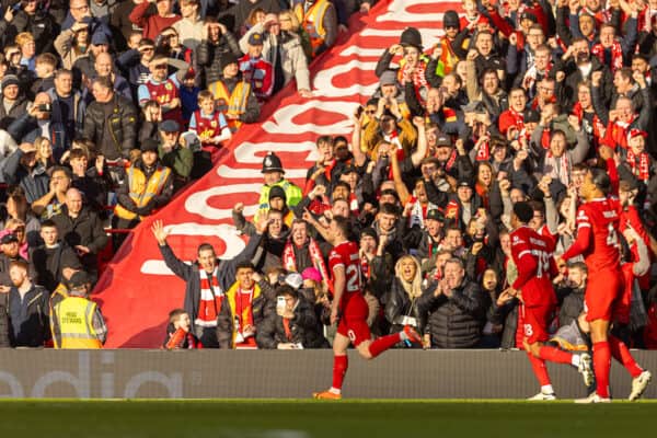 LIVERPOOL, ENGLAND - Saturday, February 10, 2024: Liverpool's Diogo Jota celebrates after scoring the first goal during the FA Premier League match between Liverpool FC and Burnley FC at Anfield. (Photo by David Rawcliffe/Propaganda)