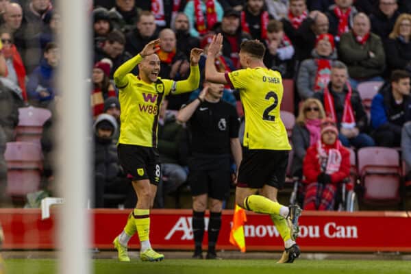 LIVERPOOL, ENGLAND - Saturday, February 10, 2024: Liverpool's Burnley's Dara O'Shea (R) celebrates after scoring the first equalising goal during the FA Premier League match between Liverpool FC and Burnley FC at Anfield. (Photo by David Rawcliffe/Propaganda)