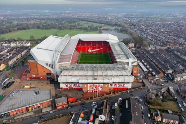 LIVERPOOL, ENGLAND - Saturday, February 10, 2024: Liverpool's An aerial view of Anfield Stadium, home of Liverpool Football Club, seen before the FA Premier League match between Liverpool FC and Burnley FC. (Photo by David Rawcliffe/Propaganda)